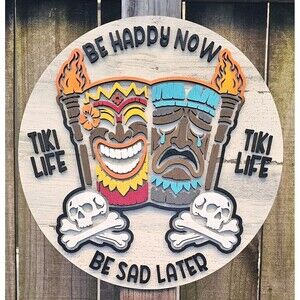 TIKI Hand Painted Wall Sign 15.5” Round 2-Layer Laser Cut Wood Tropical Them.